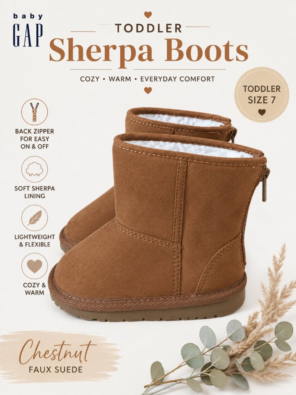 babyGAP Toddler Warm Cozy Fall Sherpa Boots Chestnut Faux Suede Back Zip Size 7